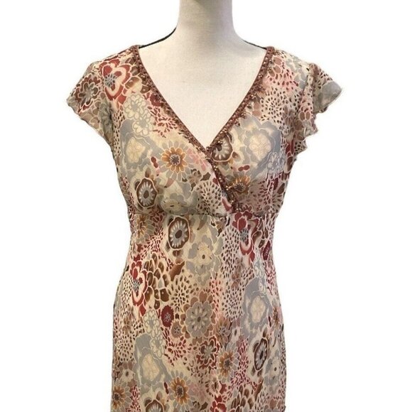 Believe Womens Chiffon Flutter Slip Dress Size 12 Lined Wood Beads Y2k Brown - Picture 14 of 16